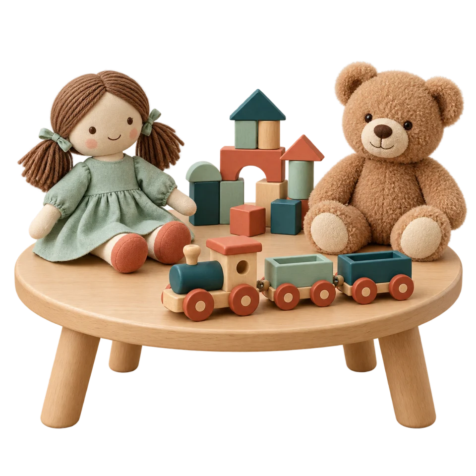 Иллюстрация разных игрушек на столе: кукла, поезд, кубики и плюшевый медведь